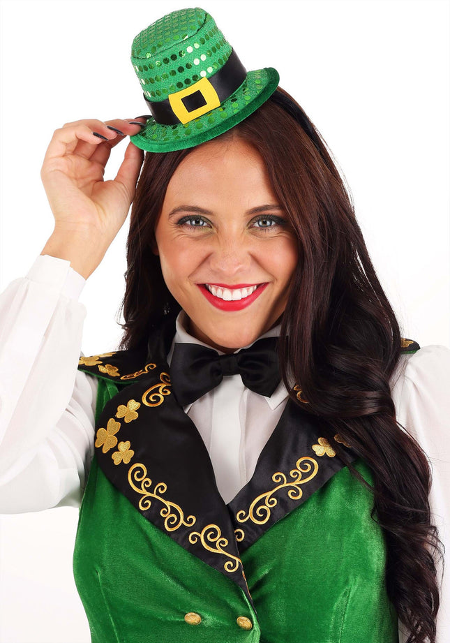 Sequin Mini Leprechaun Hat Headband- worn by model, front view