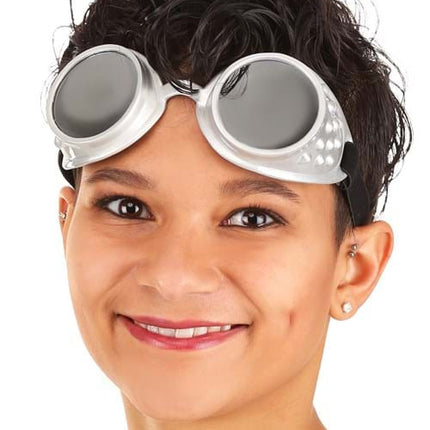 Silver Mirrored Atomic Ray Goggles- worn by model on head