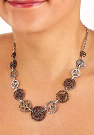 Single Chain Gears Necklace- worn by model close up