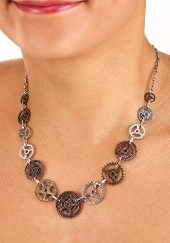 Single Chain Gears Necklace- worn by model close up