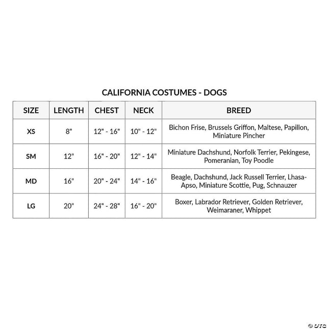 Snowman Pet Costume- size chart