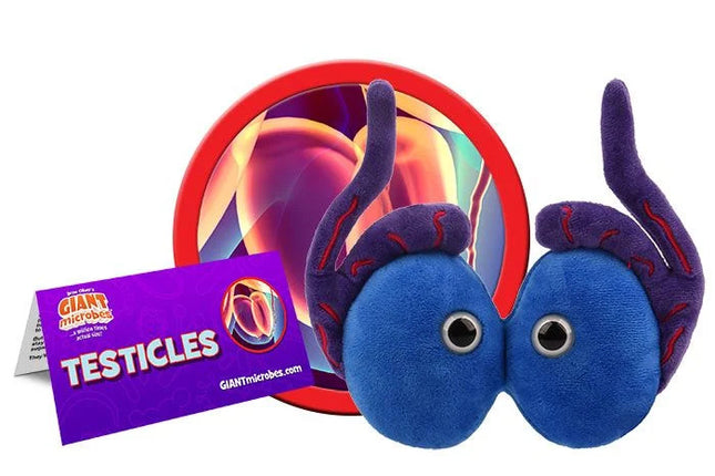 testicles plushie with informational tag
