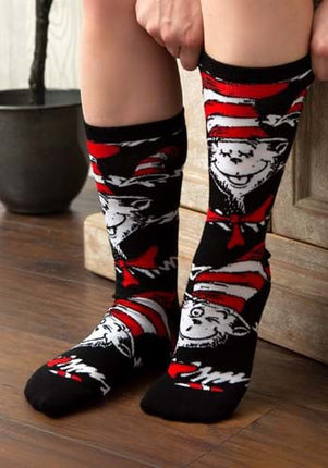 Dr. Seuss- The Cat in The Hat Crew Sock Set- cat in the hat pair worn by model