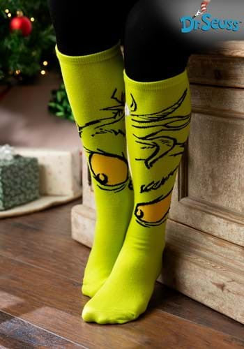 Dr. Seuss- The Grinch Knee High Socks- front view worn by model