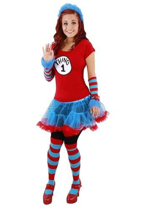 Dr. Seuss- Thing 1&2 Striped Knee-High Socks- worn by model with full costume