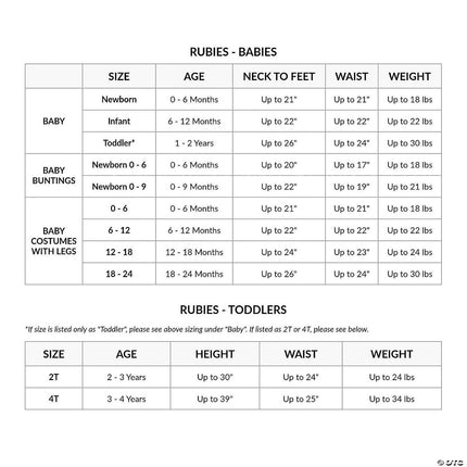 Batgirl Toddler Costume- size chart