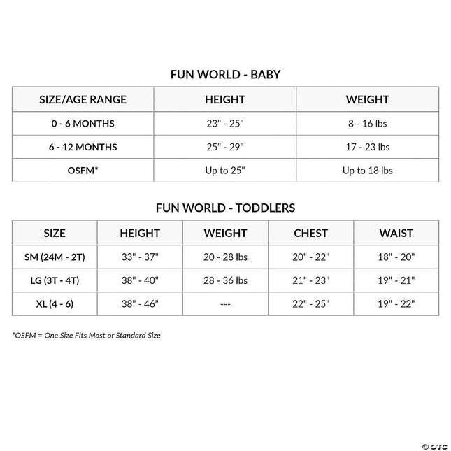 Toddler Firefighter Girl Costume- size chart