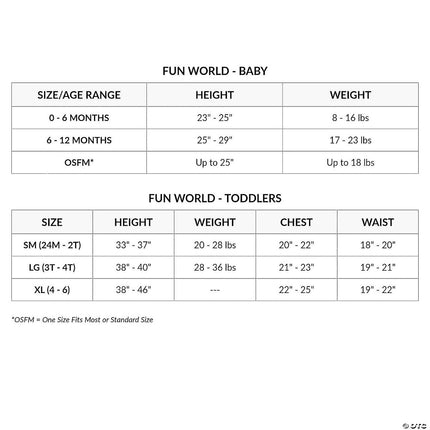 Lil Swashbuckler Costume- size chart