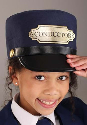 Kids Train Conductor Hat- worn by girl model up close