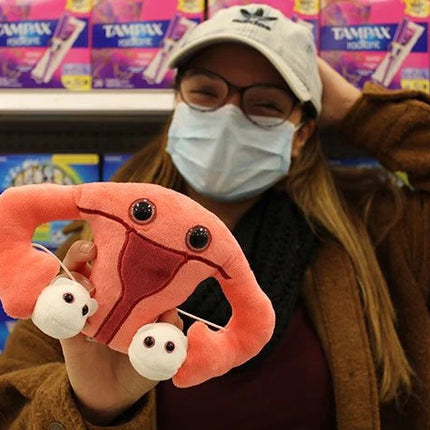 uterus plushie held by model in tampon aisle of store