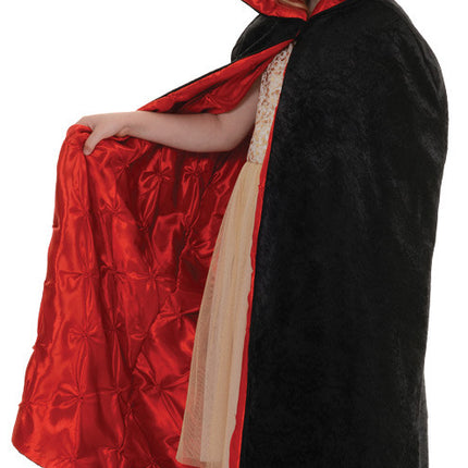 Your little witch or vampire will look great in this cape! Black velvet cape with red pin-tuck lining. One size fits most.