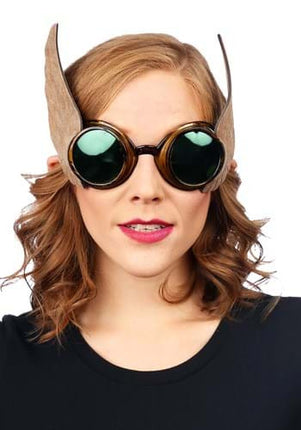 Gold Winged Goggles- worn by model on eyes