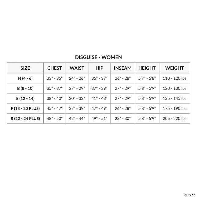 The Nightmare Before Christmas- Women's Sally Costume- size chart