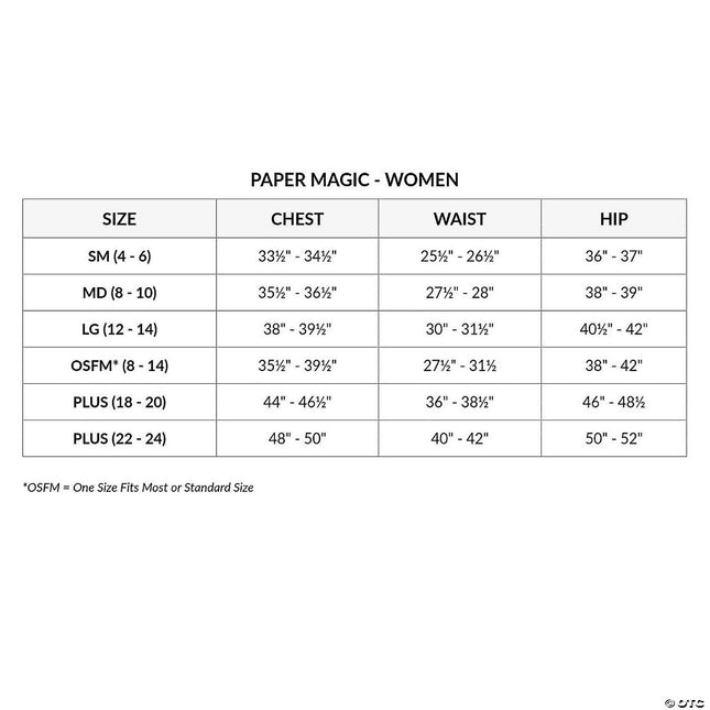 Cheshire Tease Costume- size chart