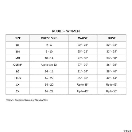 Women's Mrs. Claus Costume- size chart