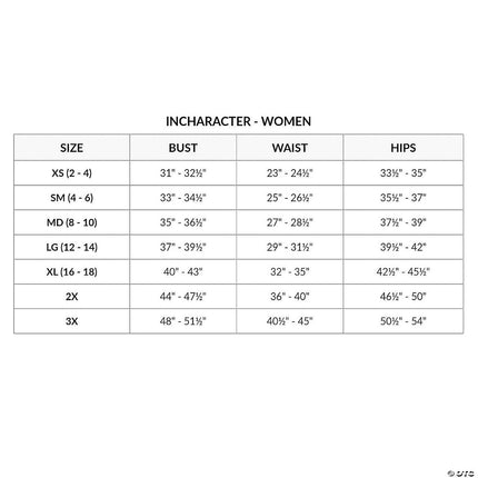Mrs. St Nick Costume- size chart