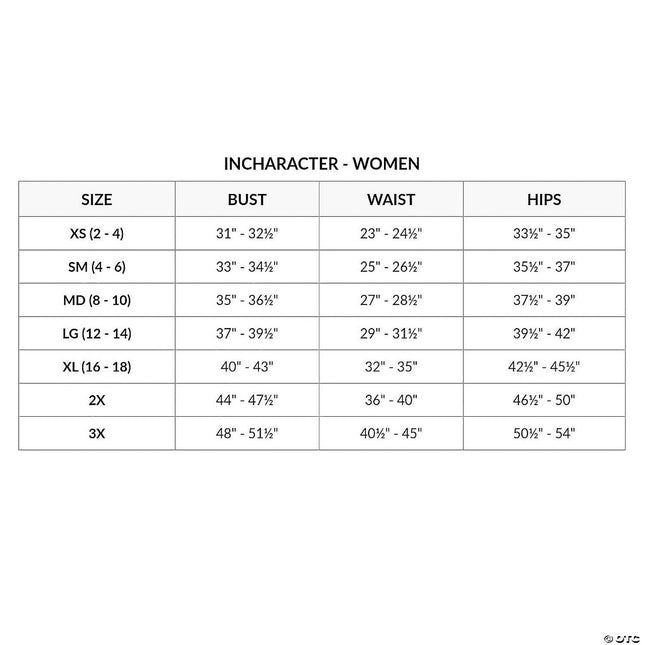 Warrior Huntress Costume- size chart