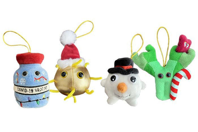Covid Christmas ornament gift box- covid vaccine, golden covid, snowman white blood cell, and antibody